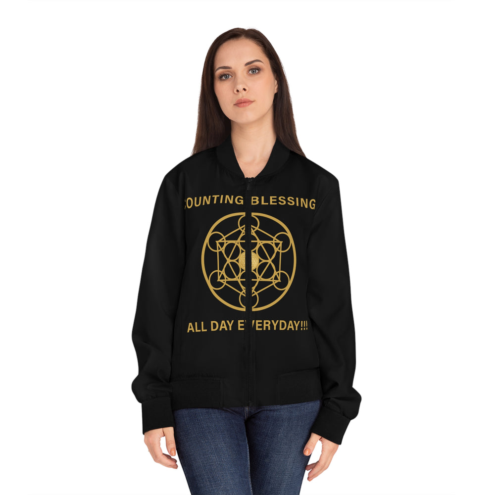 COUNTING BLESSINGS ALL DAY EVERYDAY!!! - Women's Bomber Jacket (AOP) - BLACK