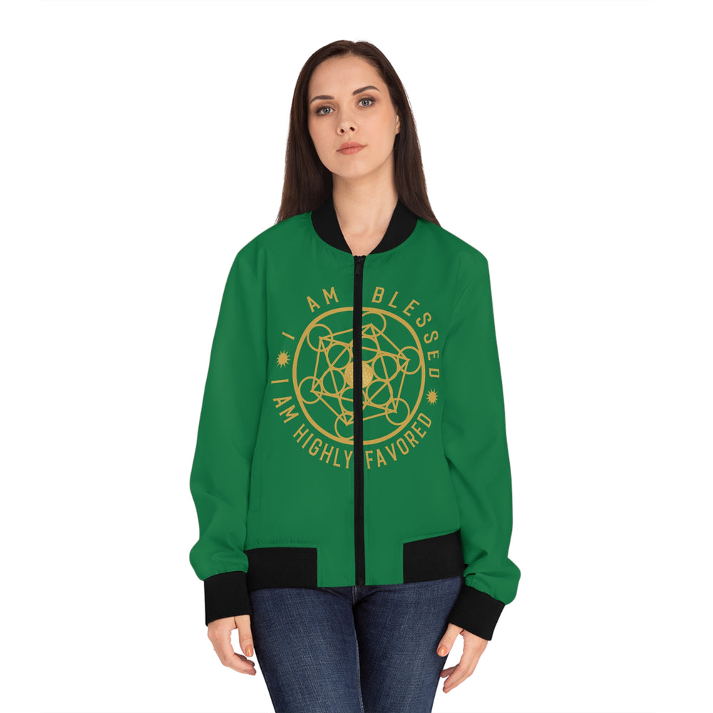 I AM BLESSED - Women's Bomber Jacket (AOP) - GREEN