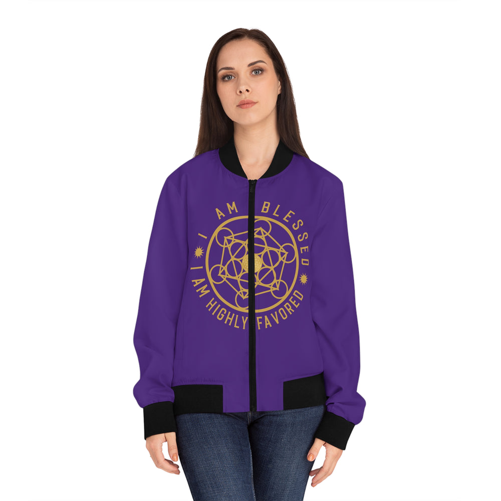 I AM BLESSED - Women's Bomber Jacket (AOP) - PURPLE