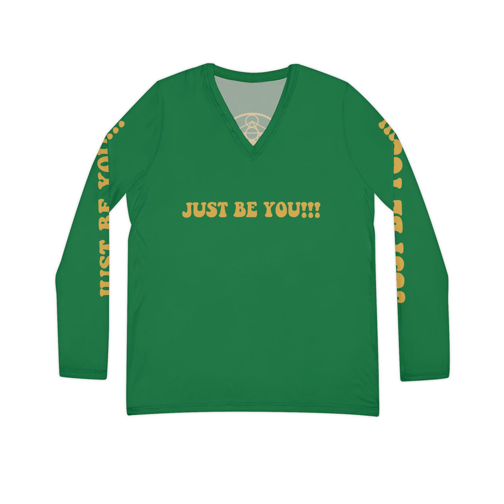 JUST BE YOU!!! Women's Long Sleeve V-neck Shirt (AOP) - GREEN