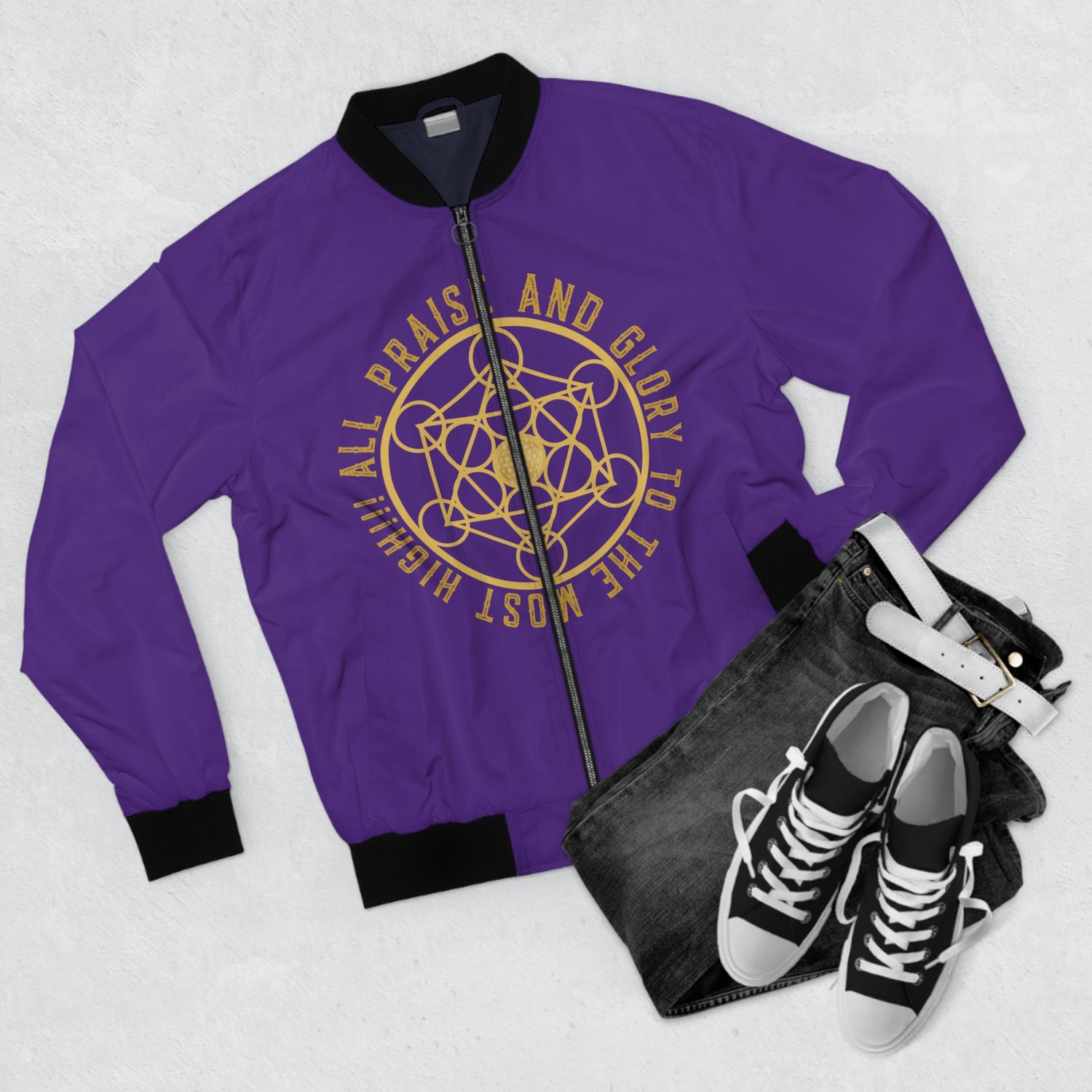 ALL PRAISE AND GLORY TO THE MOST HIGH !!!- Men's Bomber Jacket (AOP) - PURPLE