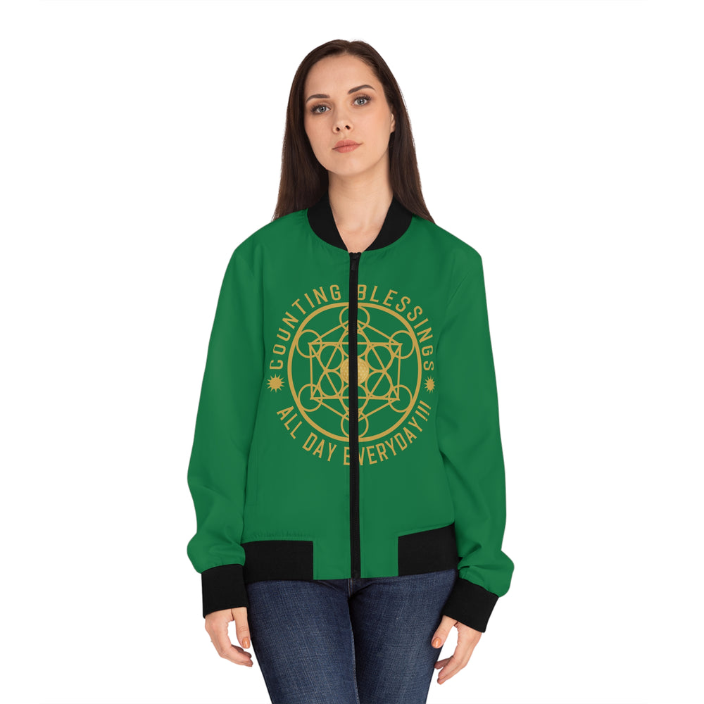 COUNTING BLESSINGS ALL DAY EVERYDAY - Women's Bomber Jacket (AOP) - GREEN