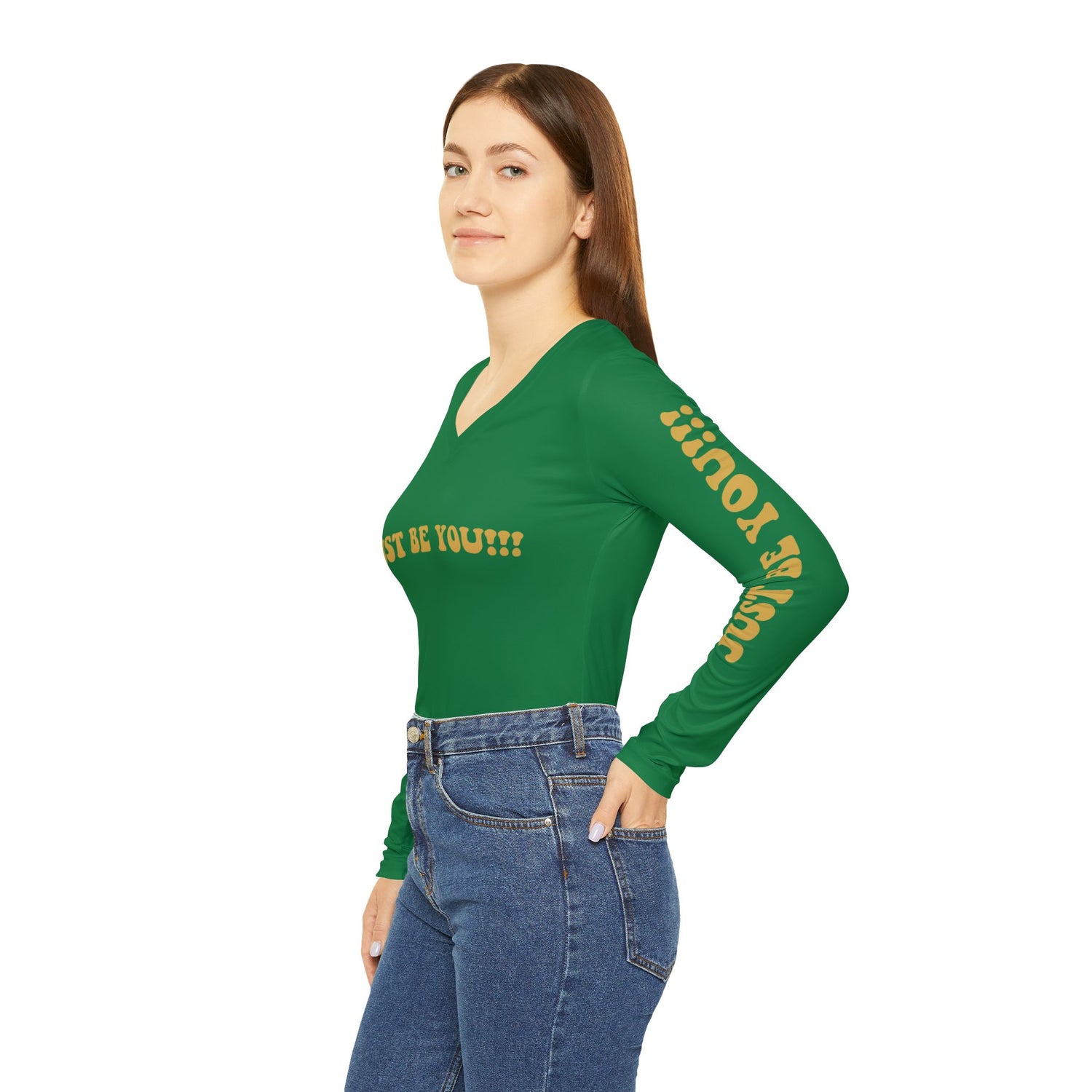 JUST BE YOU!!! Women's Long Sleeve V-neck Shirt (AOP) - GREEN