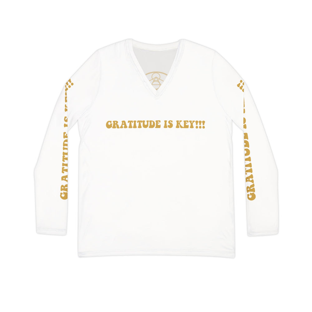 GRATITUDE IS KEY!!! Women's Long Sleeve V-neck Shirt (AOP)