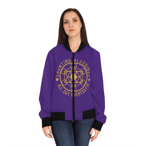 COUNTING BLESSINGS ALL DAY EVERYDAY - Women's Bomber Jacket (AOP) - PURPLE