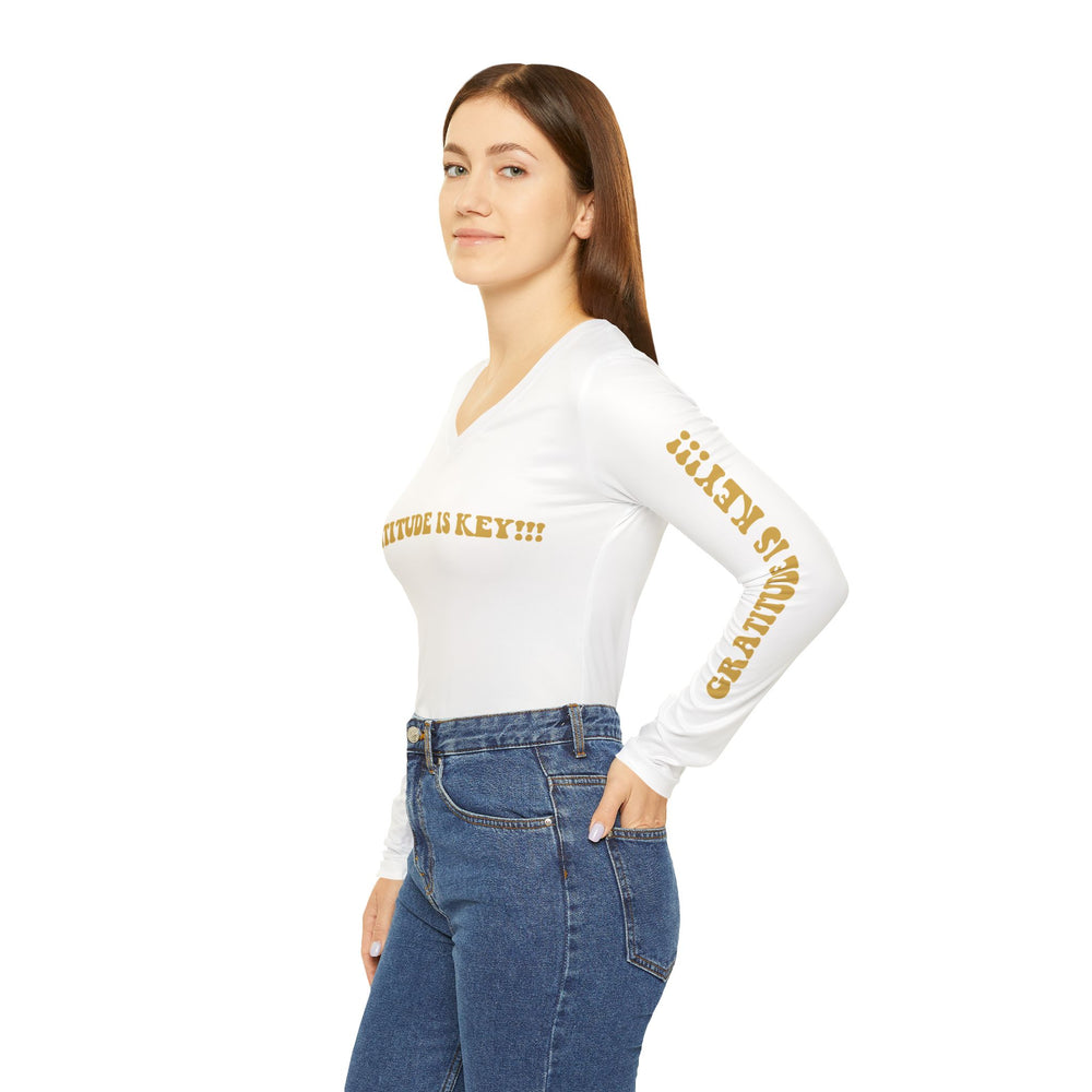 GRATITUDE IS KEY!!! Women's Long Sleeve V-neck Shirt (AOP)