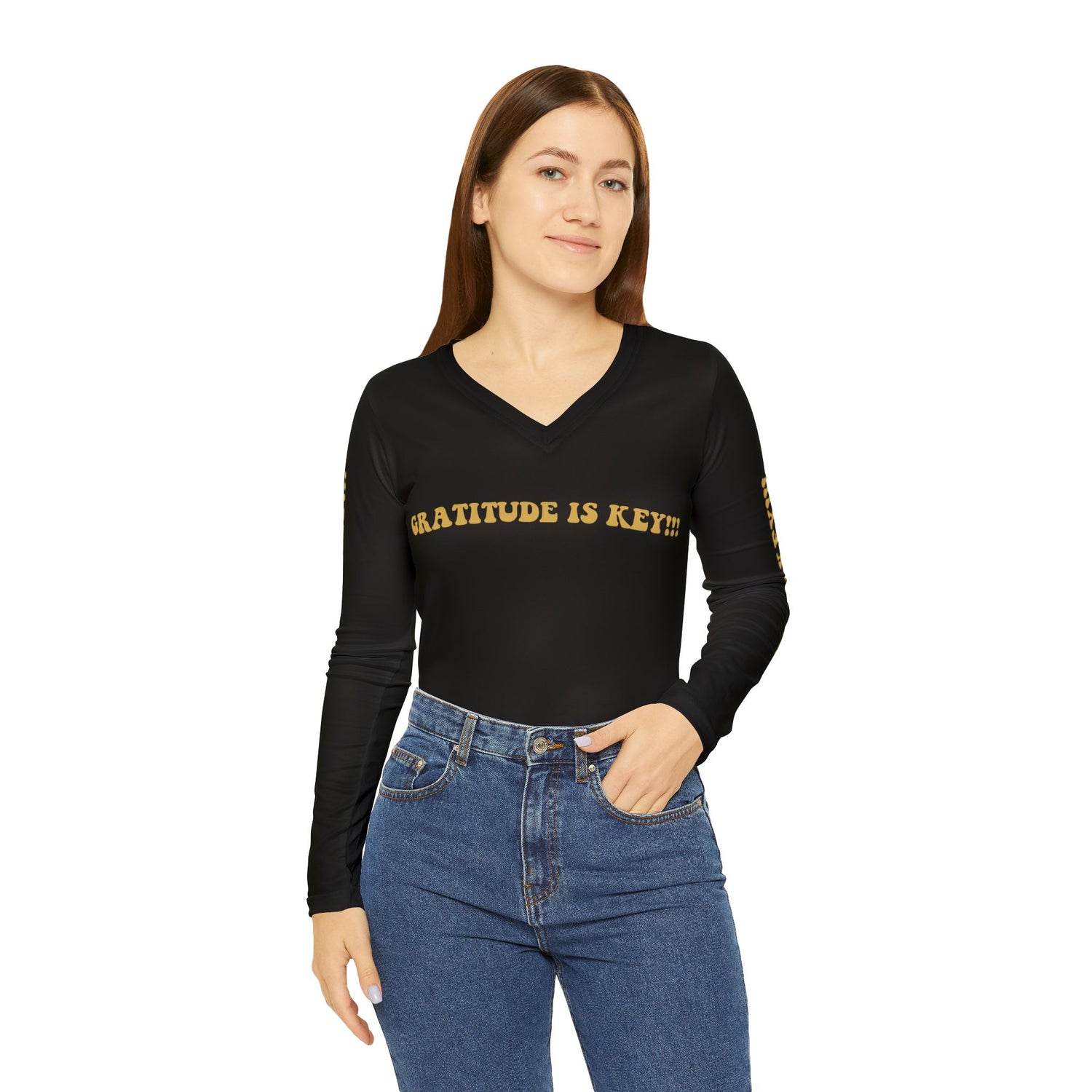 GRATITUDE IS KEY!!! Women's Long Sleeve V-neck Shirt (AOP) - BLACK