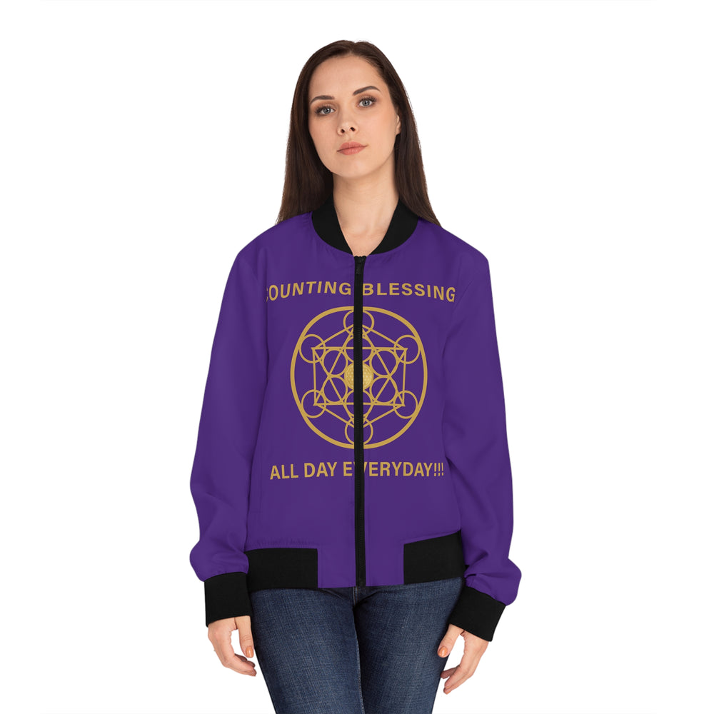 COUNTING BLESSINGS ALL DAY EVERYDAY!!! - Women's Bomber Jacket (AOP) - PURPLE