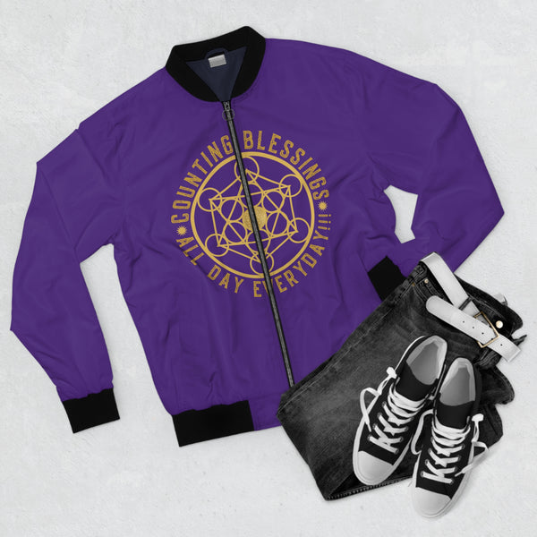 COUNTING BLESSINGS ALL DAY EVERYDAY - Men's Bomber Jacket (AOP) - PURPLE