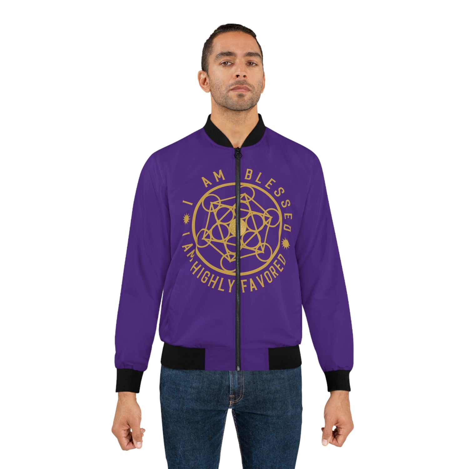 I AM BLESSED I AM HIGHLY FAVORED!!!- Men's Bomber Jacket (AOP) - PURPLE