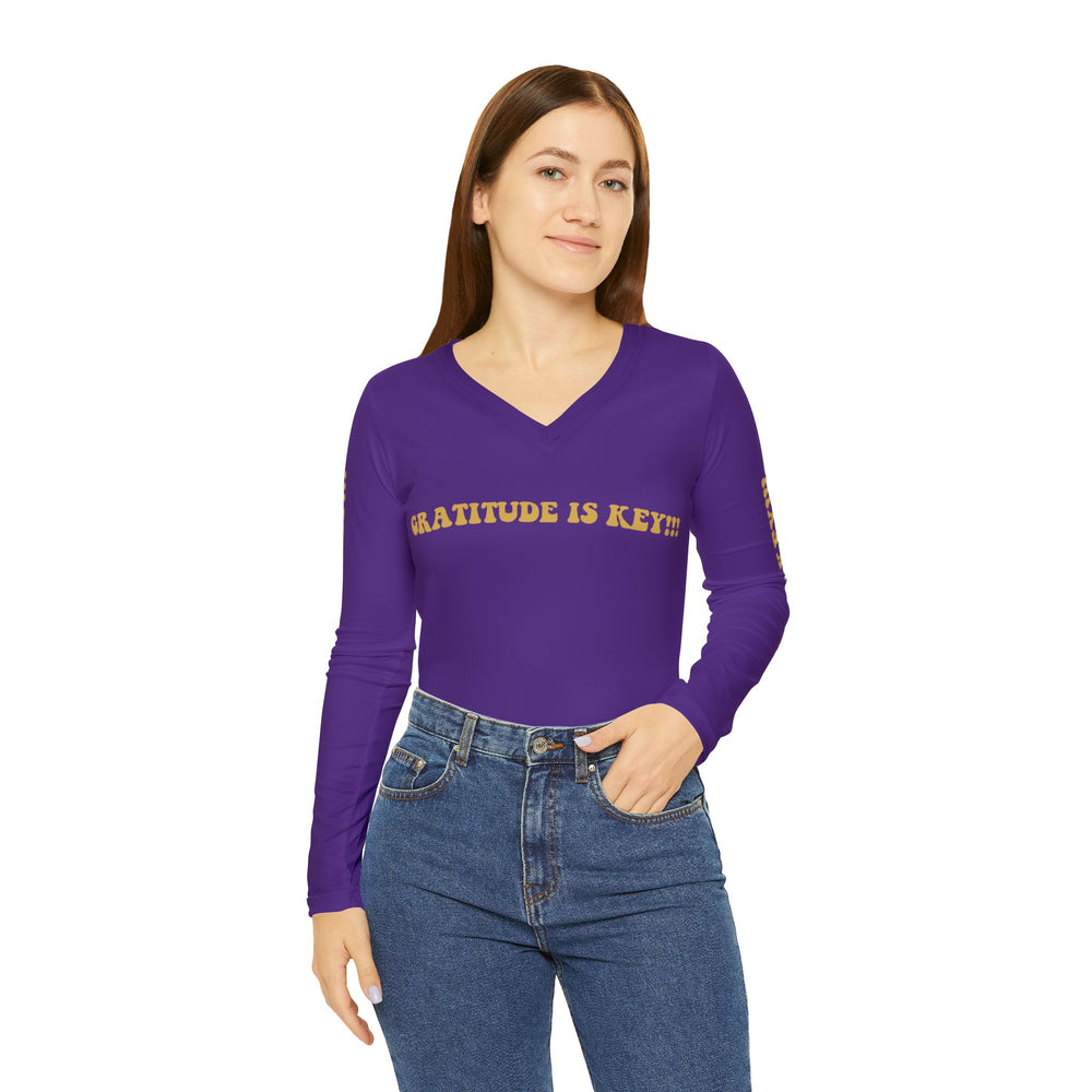 GRATITUDE IS KEY!!! Women's Long Sleeve V-neck Shirt (AOP) - PURPLE