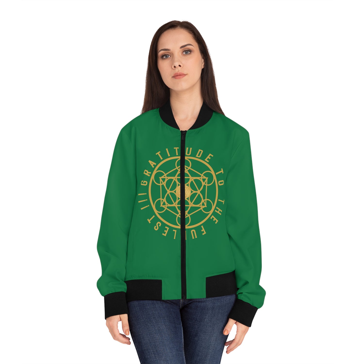 GRATITUDE TO THE FULLEST!!! - Women's Bomber Jacket (AOP) - GREEN