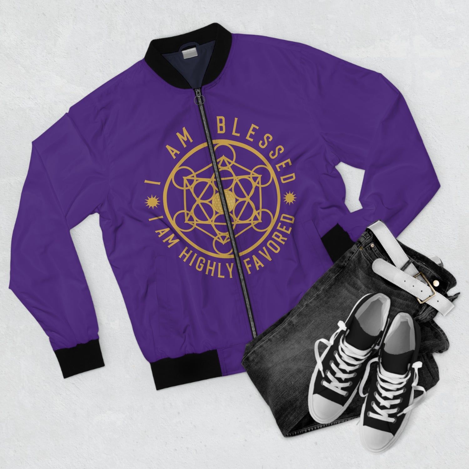 I AM BLESSED I AM HIGHLY FAVORED!!!- Men's Bomber Jacket (AOP) - PURPLE