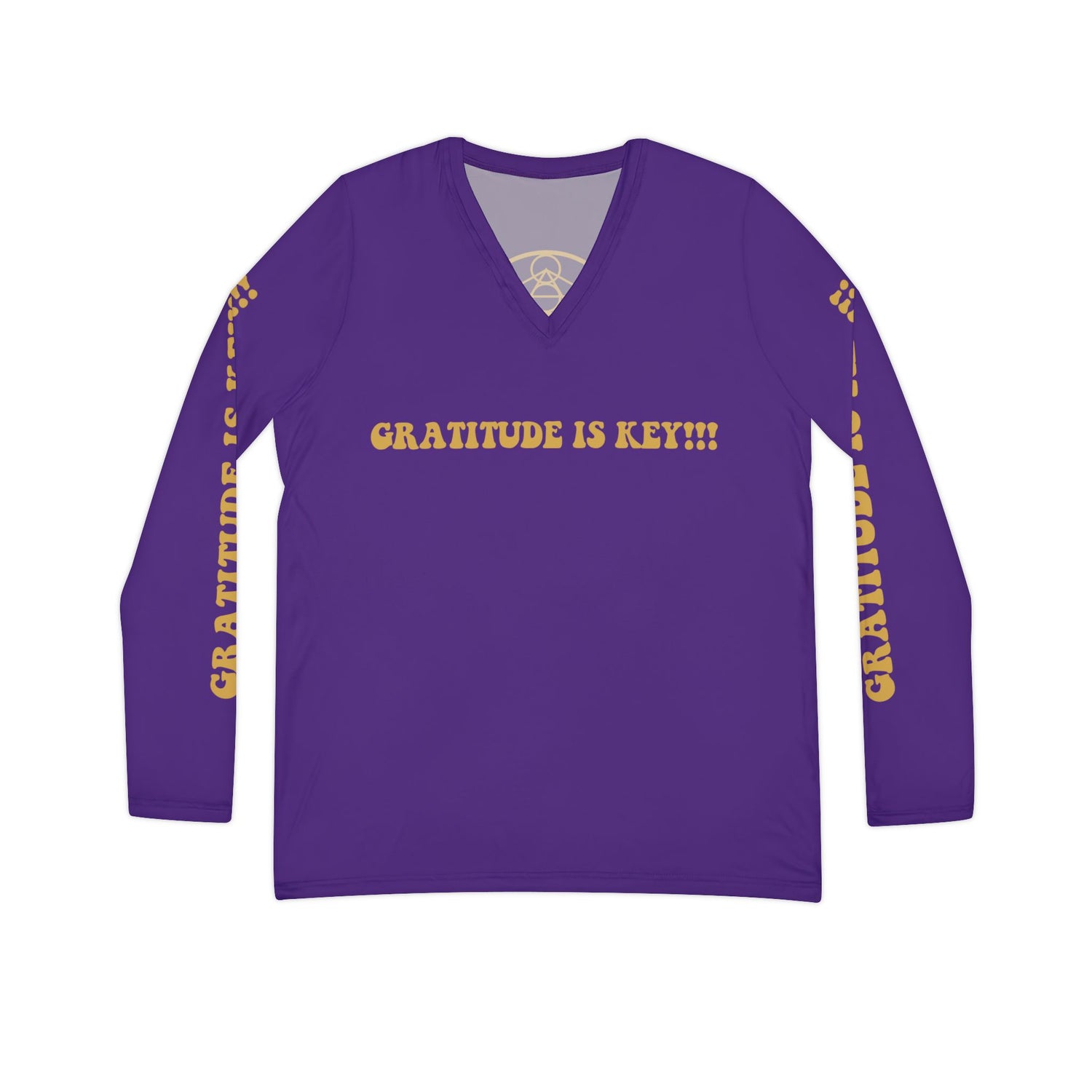 GRATITUDE IS KEY!!! Women's Long Sleeve V-neck Shirt (AOP) - PURPLE