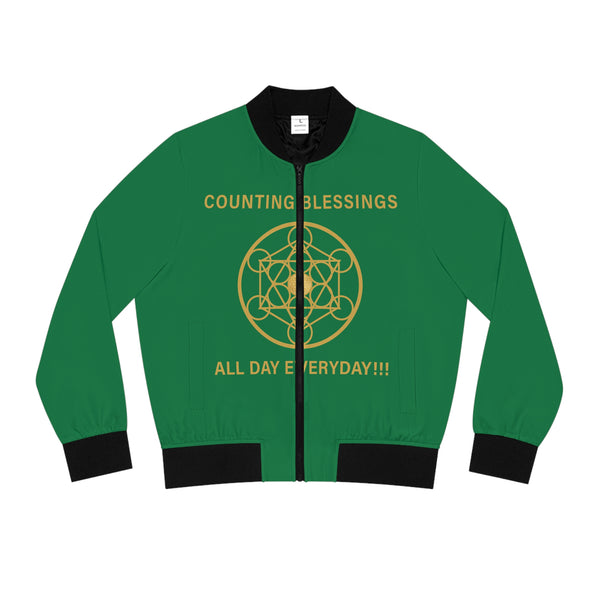 COUNTING BLESSINGS ALL DAY EVERYDAY!!! - Women's Bomber Jacket (AOP) - GREEN