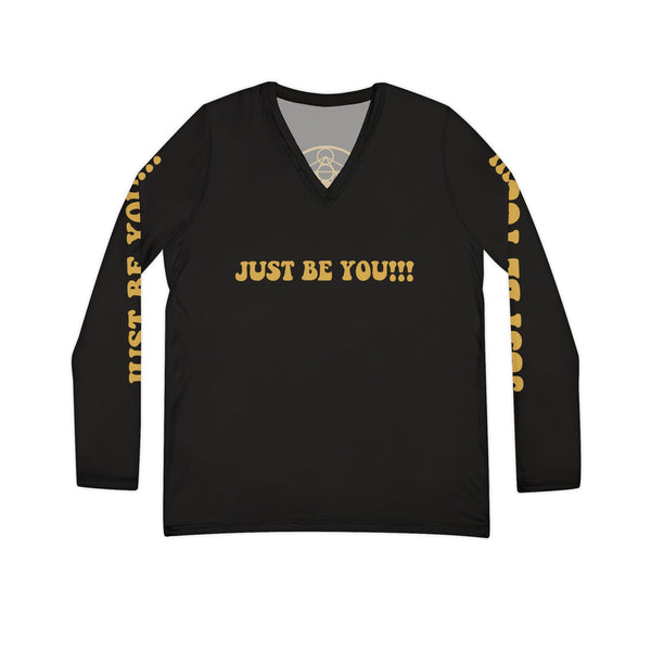 JUST BE YOU!!! Women's Long Sleeve V-neck Shirt (AOP) - BLACK