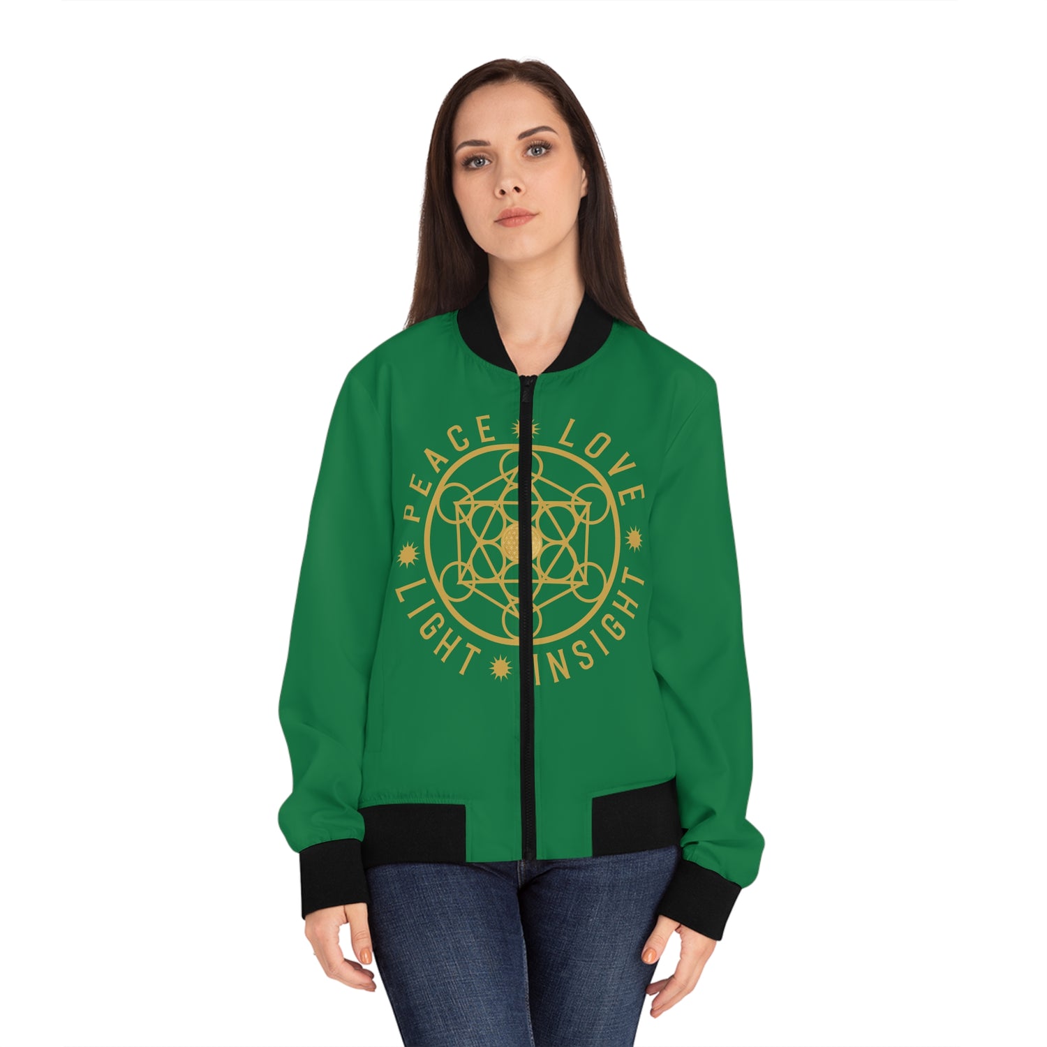 PEACE LOVE LIGHT INSIGHT - Women's Bomber Jacket (AOP) - GREEN