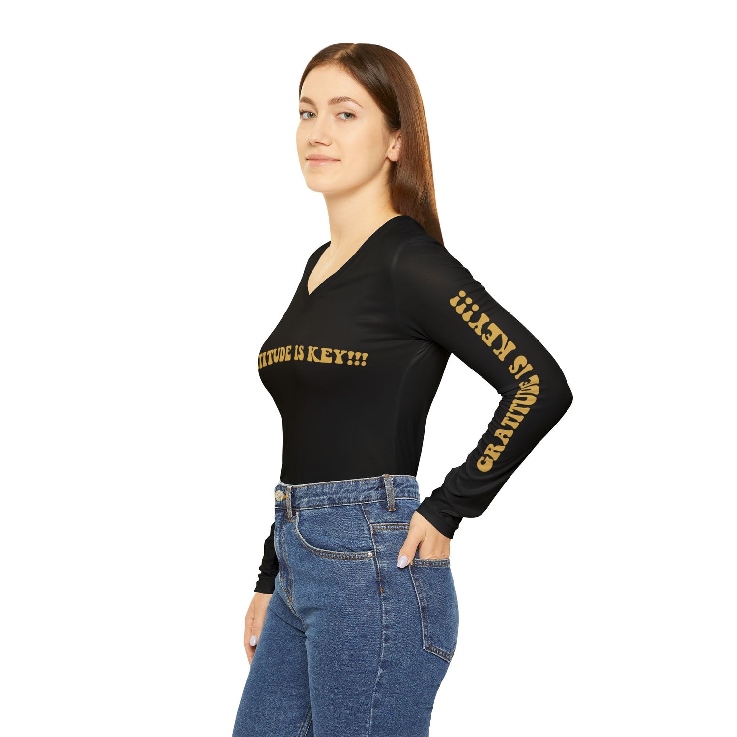 GRATITUDE IS KEY!!! Women's Long Sleeve V-neck Shirt (AOP) - BLACK