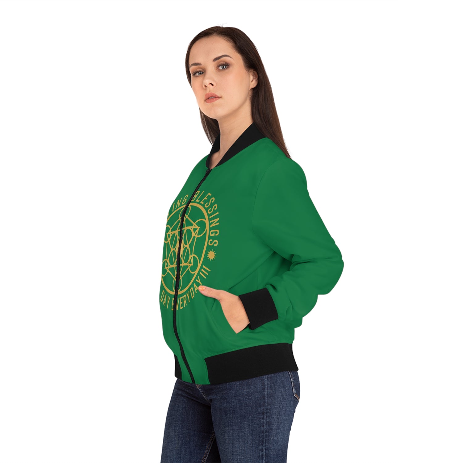 COUNTING BLESSINGS ALL DAY EVERYDAY - Women's Bomber Jacket (AOP) - GREEN