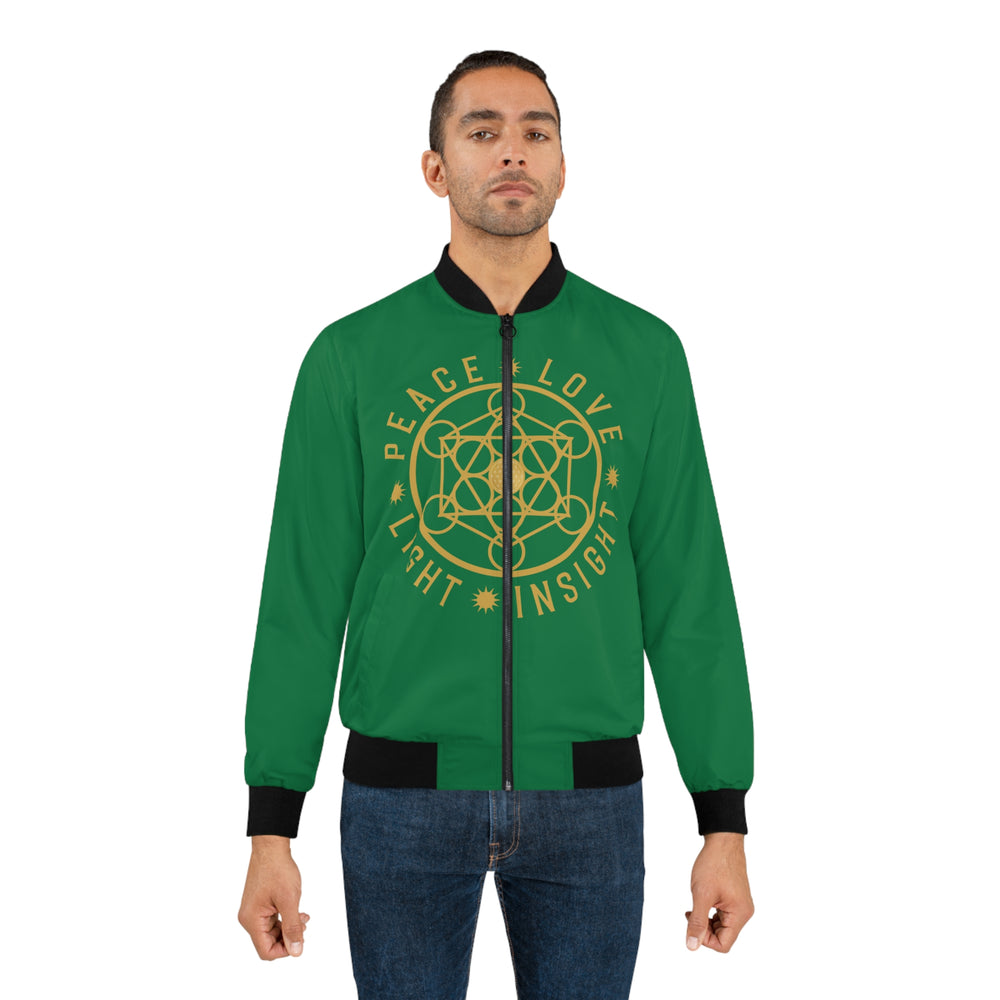 PEACE LOVE LIGHT INSIGHT!!!- Men's Bomber Jacket (AOP) - GREEN